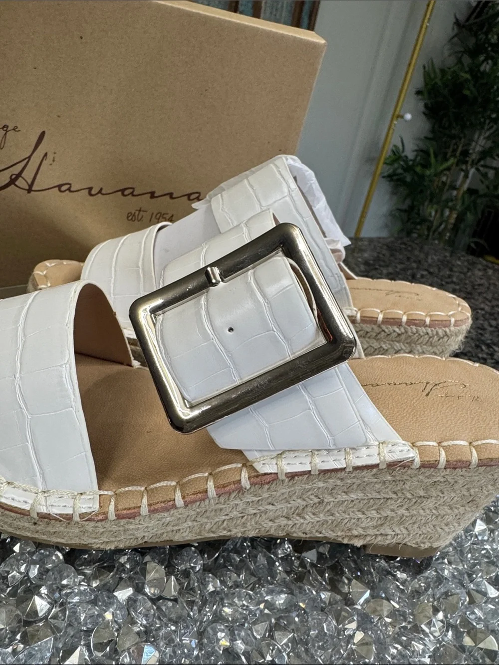 Vintage Havana Robin White Croc-Texture Espadrille Wedge Sandals Buckle NEW 7